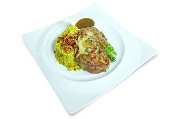 Grilled kurobuta pork with Fried rice with turmeric 