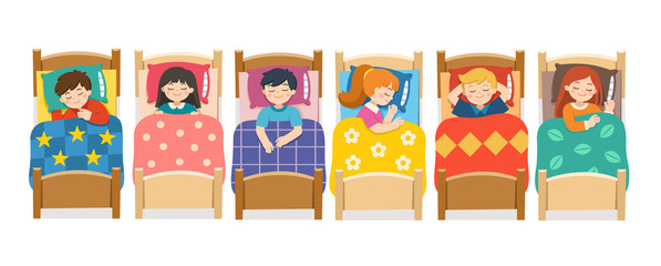 Set of Children character lying in different postures during night slumber. Boys and girls sleeping in bed in various poses. Bedtime and rest. vector illustration.