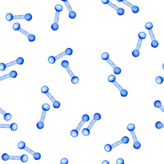 watercolor seamless hand drawn pattern with blue dumbbells and fitness water bottle blue green healthy lifestyle training workout exercise on white isolated background