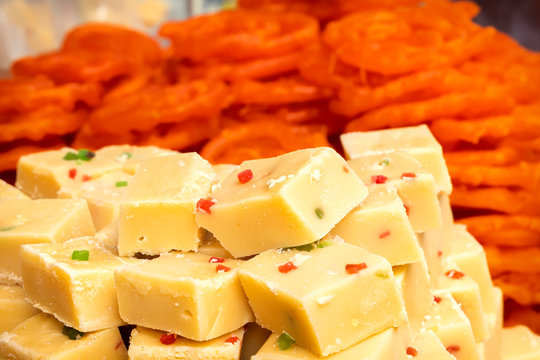 Burfi Indian sweets sold on street stalls