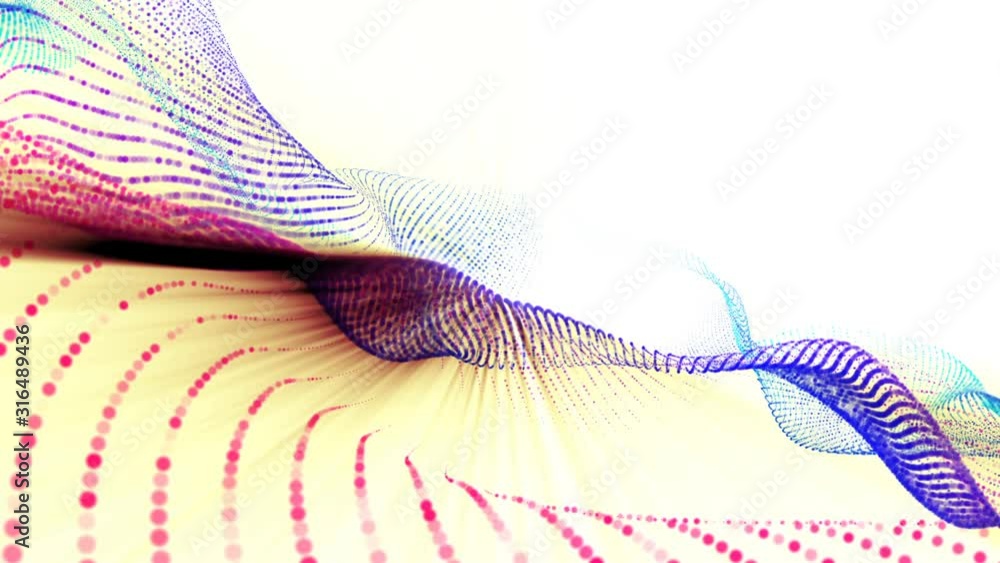 Poster abstract animated background from multi-colored moving particles. 3d render