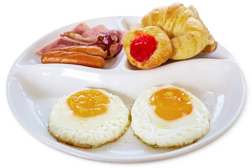 Breakfast set with egg, bacon, sausage and bread