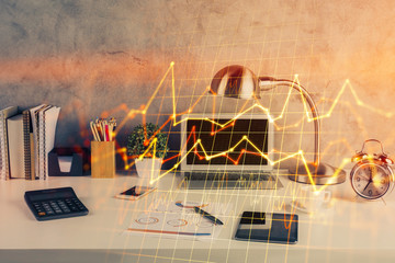 Double exposure of forex graph and work space with computer. Concept of international online trading.