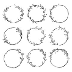 Hand drawn set of cicle floral frame. Border for banner, wedding, greeting card design. Sketch style vector illustration. Copy space for text. Ink drawing.