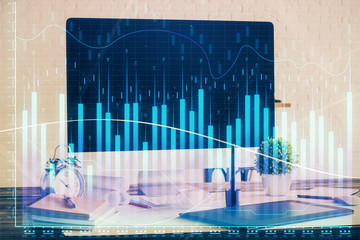 Stock market graph and table with computer background. Multi exposure. Concept of financial analysis.