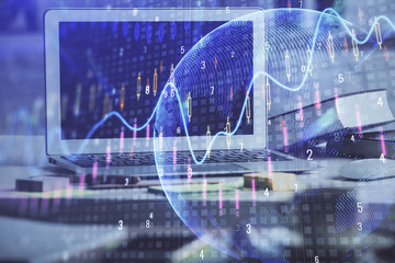 Multi exposure of forex chart and work space with computer. Concept of international online trading.