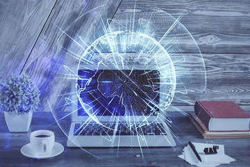 Multi exposure of business theme icons and work space with computer background. Concept of success.