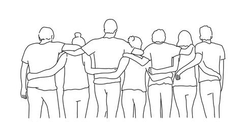 Line drawing of group of happy friends hugging. Tourism, travel, people, leisure and teenage concept. Vector illustration.