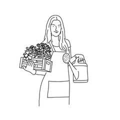 Line drawing of gardener woman with a box of flowers and watering can. Gardening or planting concept. Vector illustration.