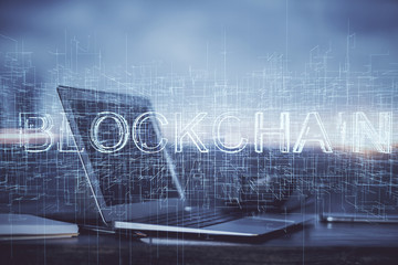 Double exposure of blockchain theme hologram and table with computer background. Concept of bitcoin crypto currency.