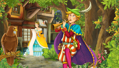 Obraz na płótnie Canvas cartoon scene with girl princess and prince or kingnear the street of the city romantic illustration for children