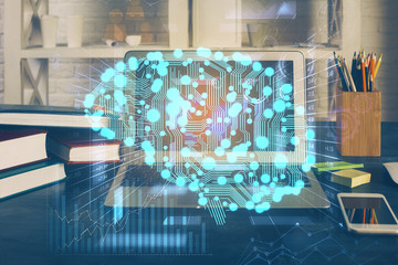 Double exposure of work table with computer and brain sketch hologram. Brainstorming concept.