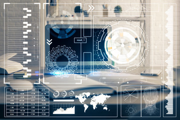 Technology theme drawing and table with computer. Multi exposure. Concept of information.