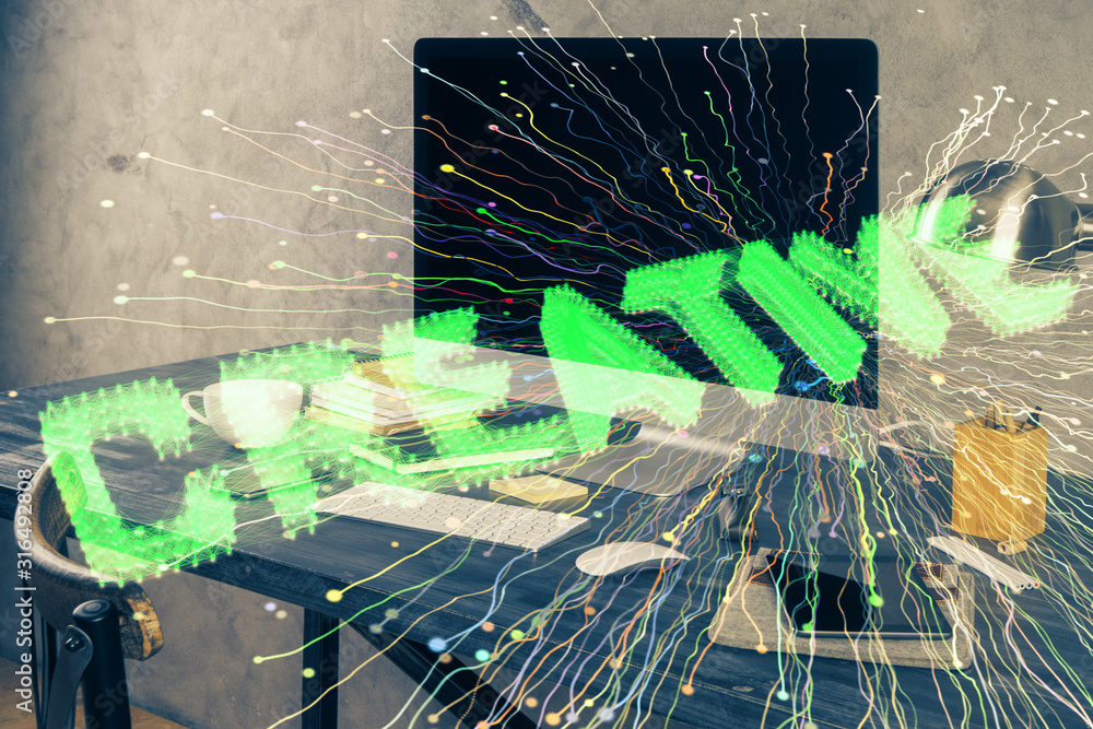 Poster desktop computer background in office and start up theme hologram drawing. double exposure. startup 