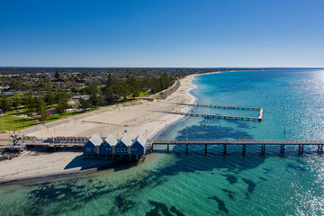 Aerial view of Busselton pier, the worlds longest wooden structure; Busselton is 220km south west of Perth in Western Australia
