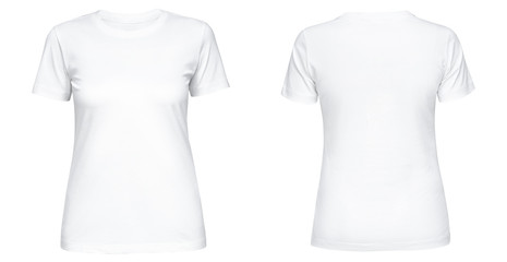 Blank white female t shirt template front and back side view isolated on white background. T-shirt design mockup for using promotional - 316493090