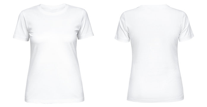 Blank white female t shirt template front and back side view isolated on white background. T-shirt design mockup for using promotional