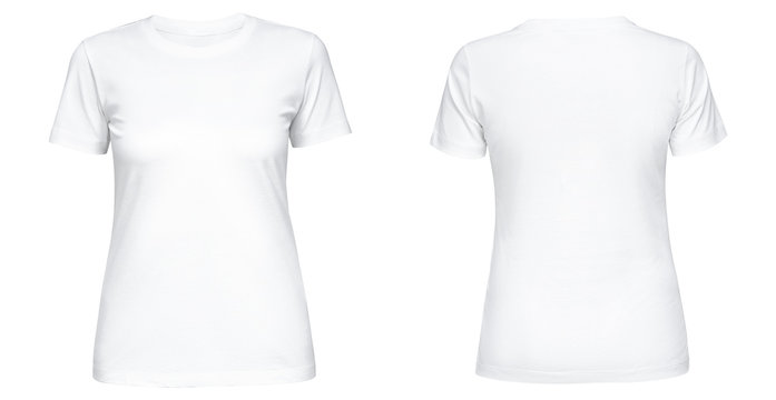 Blank White Female T Shirt Template Front And Back Side View Isolated On White Background. T-shirt Design Mockup For Using Promotional