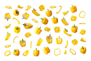 Set of ripe yellow bell peppers on white background