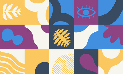 Abstract pattern design with simple shapes and hand-drawn plants
