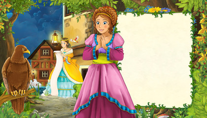 cartoon scene with girl princess and prince or kingnear the street of the city romantic illustration for children