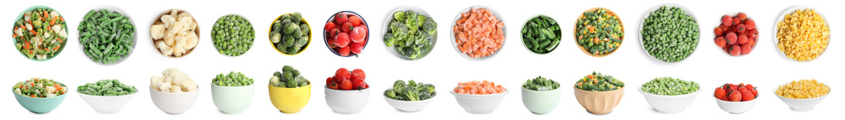 Set of different frozen vegetables on white background. Banner design