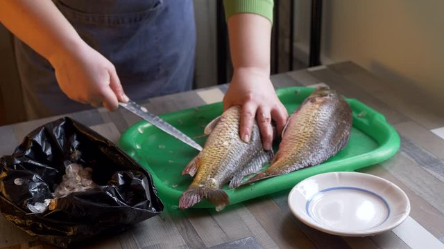 Hands of young woman with knife clean scales of fresh fish on kitchen table. Girl prepares fish for frying