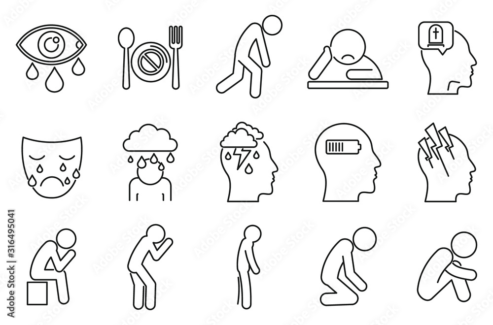 Aufkleber modern depression icons set. outline set of modern depression vector icons for web design isolated o