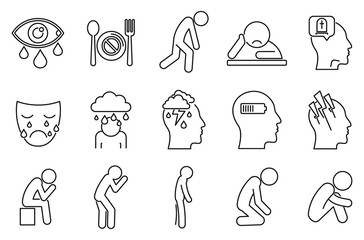 Modern depression icons set. Outline set of modern depression vector icons for web design isolated on white background