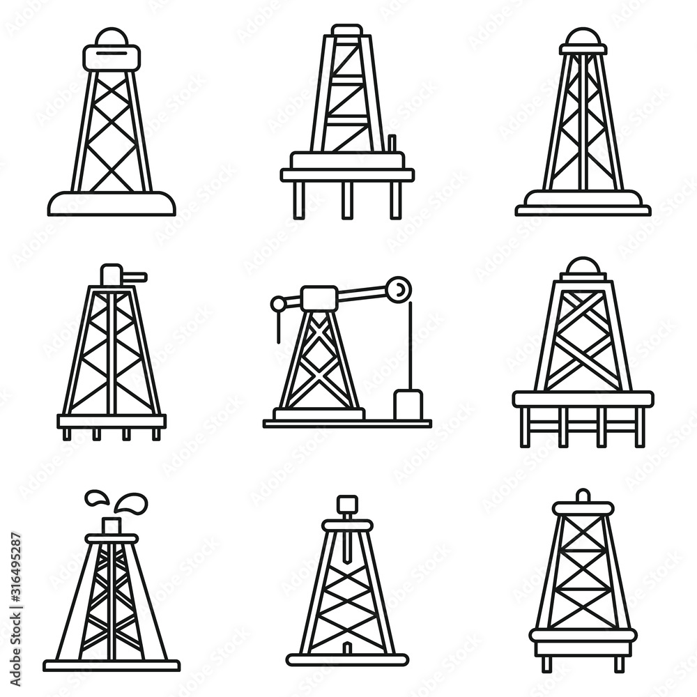 Poster derrick oil icons set. outline set of derrick oil vector icons for web design isolated on white back