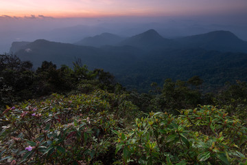 Rising sun over the mountains in early morning, Natural summer landscape, San Dan peak, Khlong Naka Wildlife Sanctuary, Ranong, Thailand