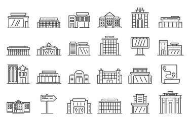 Exhibition center icons set. Outline set of exhibition center vector icons for web design isolated on white background