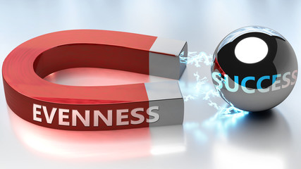 Evenness helps achieving success - pictured as word Evenness and a magnet, to symbolize that Evenness attracts success in life and business, 3d illustration