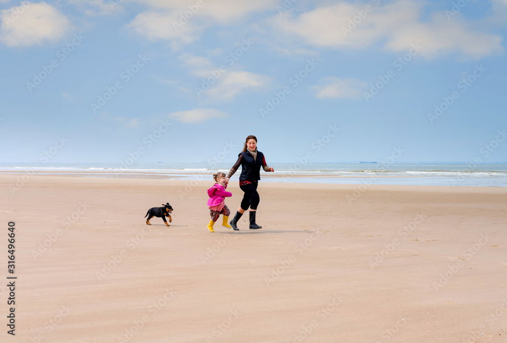 Wall mural cute little girl playing on the beach with her mom and baby dog