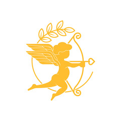 Cupid logo icon vector template illustration. Flying Cupid holding bow and aiming or shooting arrow with Cupid line art on white background. Cupid silhouette vector illustration