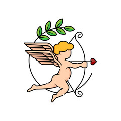 Cupid logo icon vector template illustration. Flying Cupid holding bow and aiming or shooting arrow with Cupid line art on white background. Cupid silhouette vector illustration