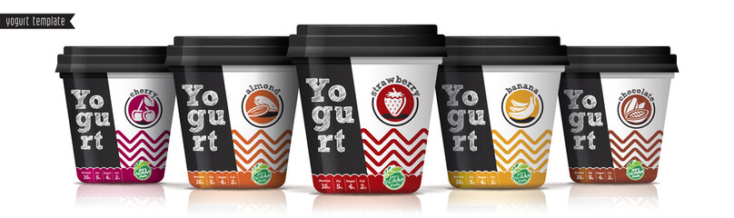 Yogurt vector packaging design. Fruit and nuts yogurt set.