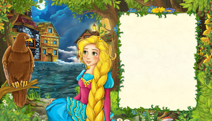 Plakat cartoon scene with girl princess near the street of the city romantic illustration for children