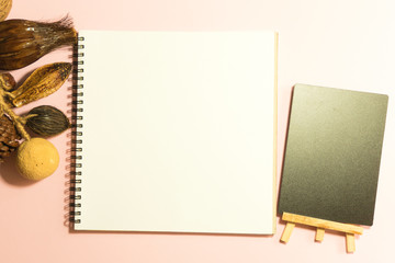 Flat lay notebook with empty or copy space for text or advertisement planning concept , blackboard right side and Decorative dry lace on the left on pastel pink background