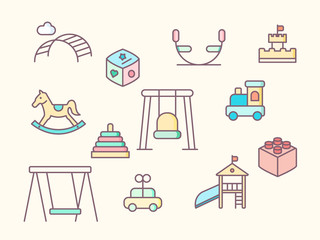 Vector illustration of a toy and playground elements. Contains such as sand castle, rocking horse, block,  plaything, slide, swing and more. Flat illustration style line drawing 