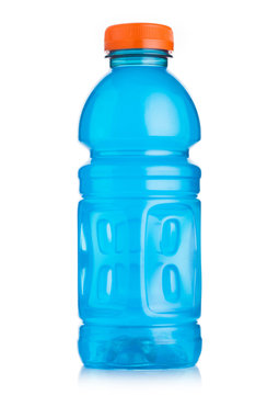 Plastic bottle of blue energy drink on white background. Perfect for workout and all athletics.