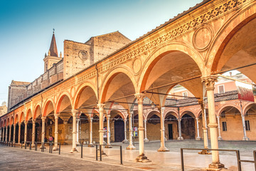 Fototapeta na wymiar Bologna local landmark of Emilia Romagna region of Italy - Santa Maria dei Servi or Santa Lucia church and archway or Portico