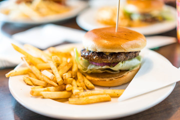 Delicious cheese hamburger on a plate with french fries