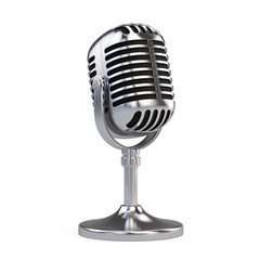 Retro steel concert vocal microphone with stand isolated on white Background. Webinar or Karaoke concept. 3d rendering icon of microphone. - obrazy, fototapety, plakaty