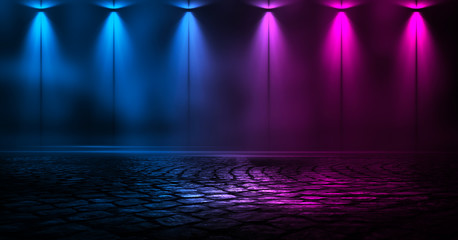 Dark background of the street, thick fog, spotlight, blue and red neon. Abstract background with...