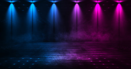 Dark background of the street, thick fog, spotlight, blue and red neon. Abstract background with...