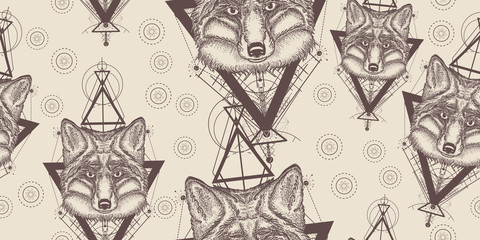 Fox seamless pattern. Packing old paper, scrapbooking style. Vintage background. Medieval manuscript, engraving art
