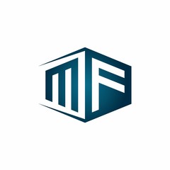 MF monogram logo with hexagon shape and negative space style ribbon design template