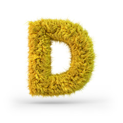 Capital letter D. Uppercase. Yellow fluffy and furry font. 3D