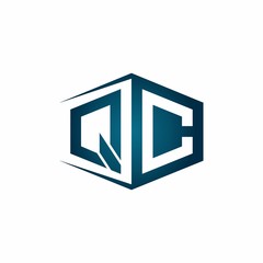 QC monogram logo with hexagon shape and negative space style ribbon design template